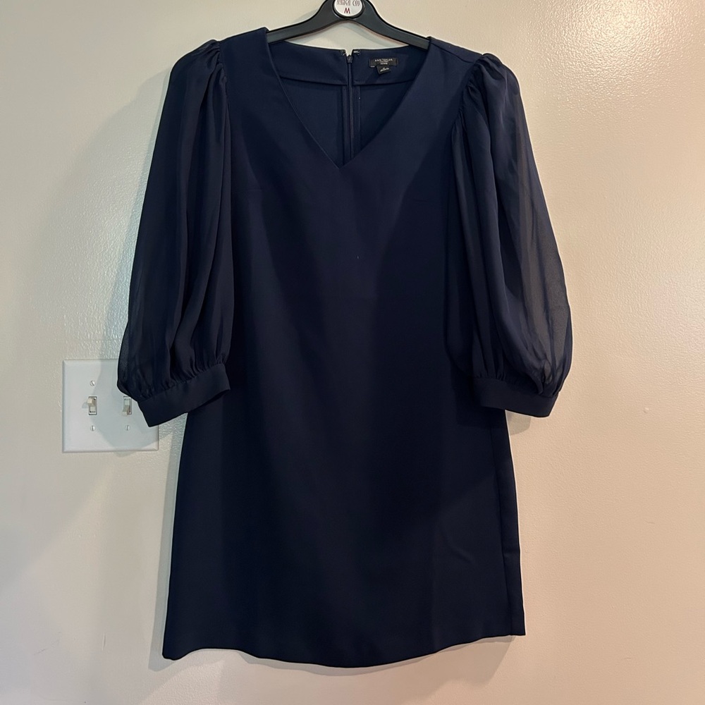 Ann Taylor Navy V-Neck Dress with Sheer Puff Sleeves